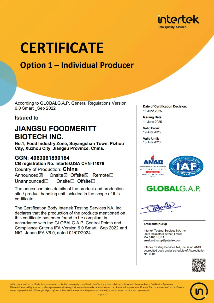 GLOBALG.A.P. certificate for Jiangsu Foodmeritt Biotech Inc.