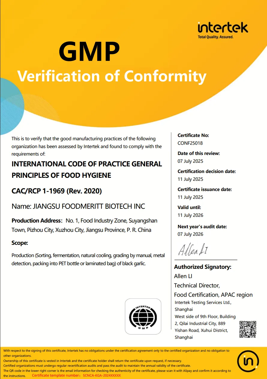 GMP certificate for Jiangsu Foodmeritt Biotech Inc.