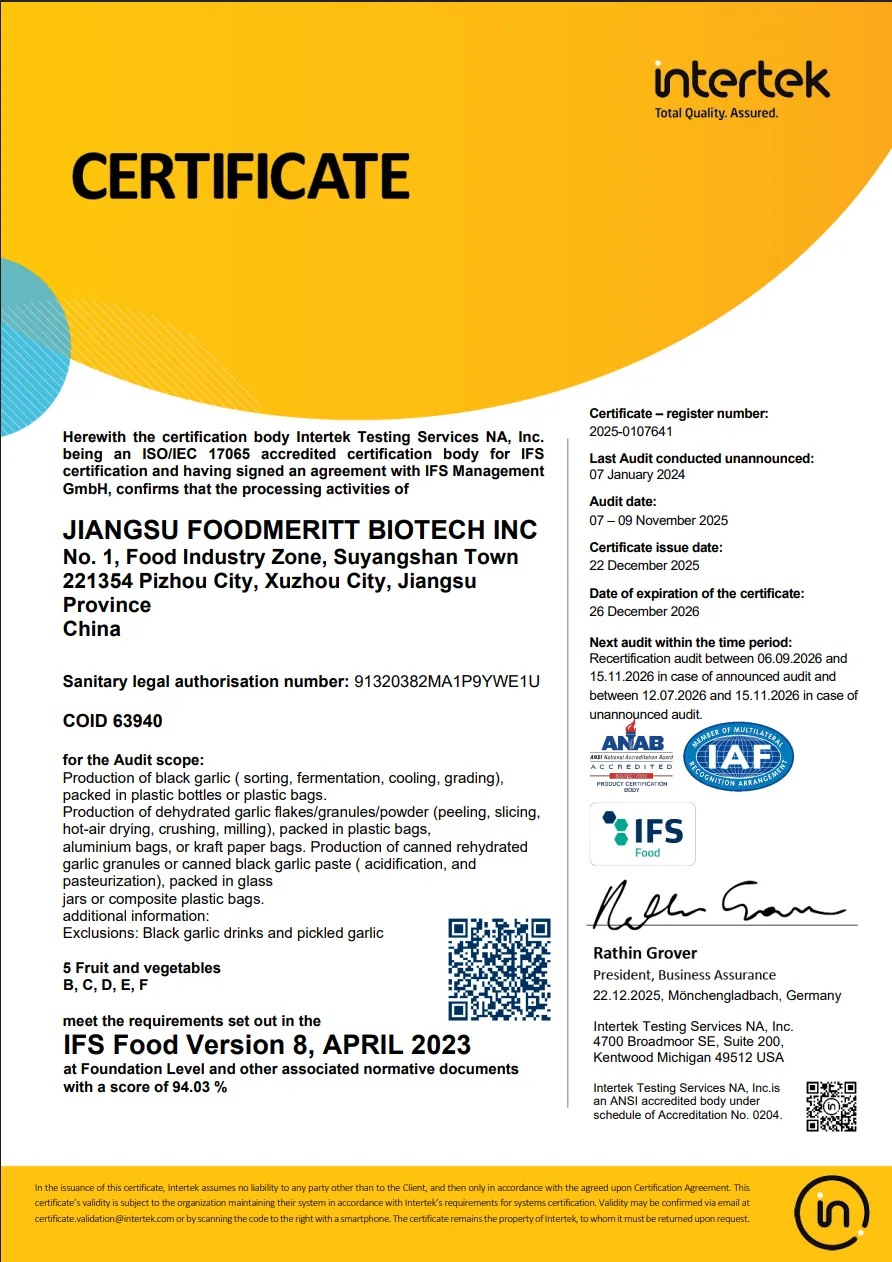 IFS Food certificate for Jiangsu Foodmeritt Biotech Inc.