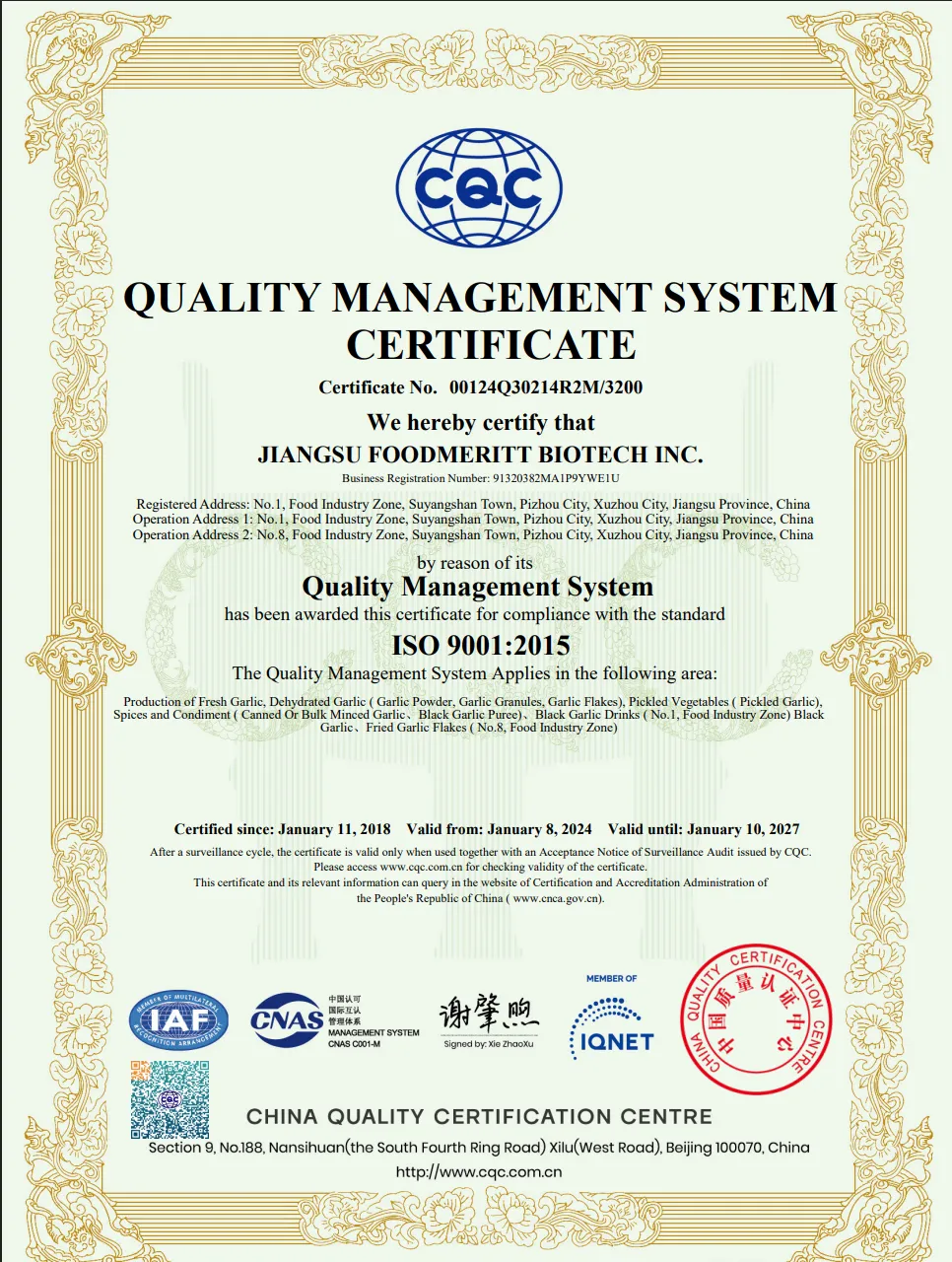 ISO 9001:2015 certificate for Jiangsu Foodmeritt Biotech Inc.