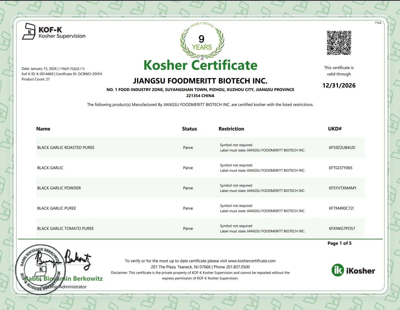 Kosher certificate for Jiangsu Foodmeritt Biotech Inc.