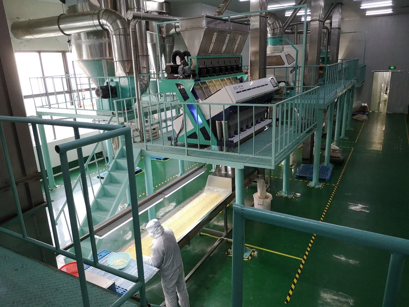 Area produksi dengan mesin penyortir dan jalur pengolahan