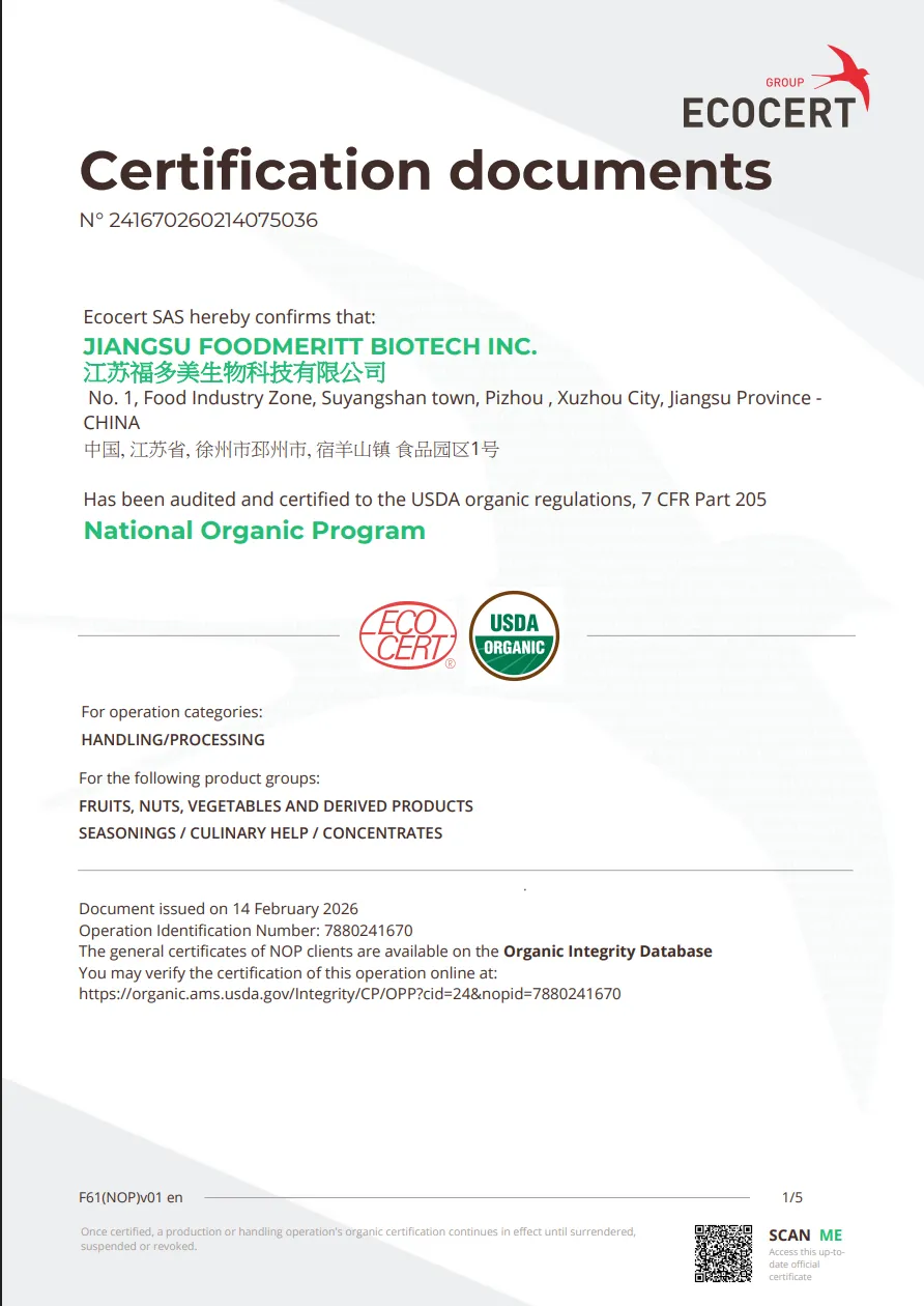 USDA Organic certificate for Jiangsu Foodmeritt Biotech Inc.